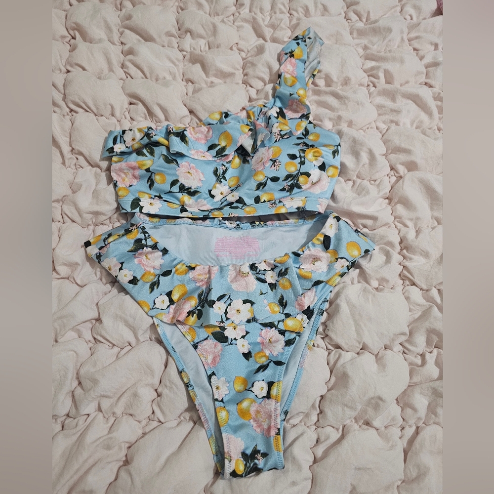 Floral and Lemon Print Bikini Set